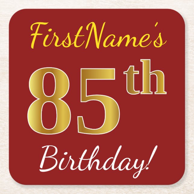 Red, Faux Gold 85th Birthday + Custom Name Square Paper Coaster (Front)