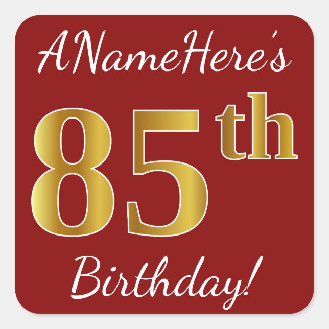 Red, Faux Gold 85th Birthday + Custom Name Sticker (Front)