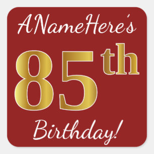 Red, Faux Gold 85th Birthday + Custom Name Sticker