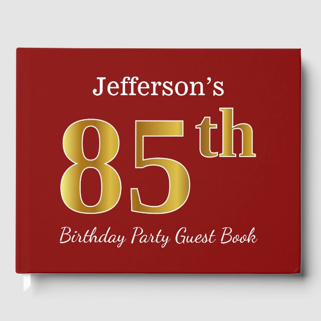 Red, Faux Gold 85th Birthday Party + Custom Name Guest Book (Front)