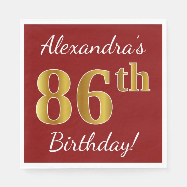 Red, Faux Gold 86th Birthday + Custom Name Napkin (Front)