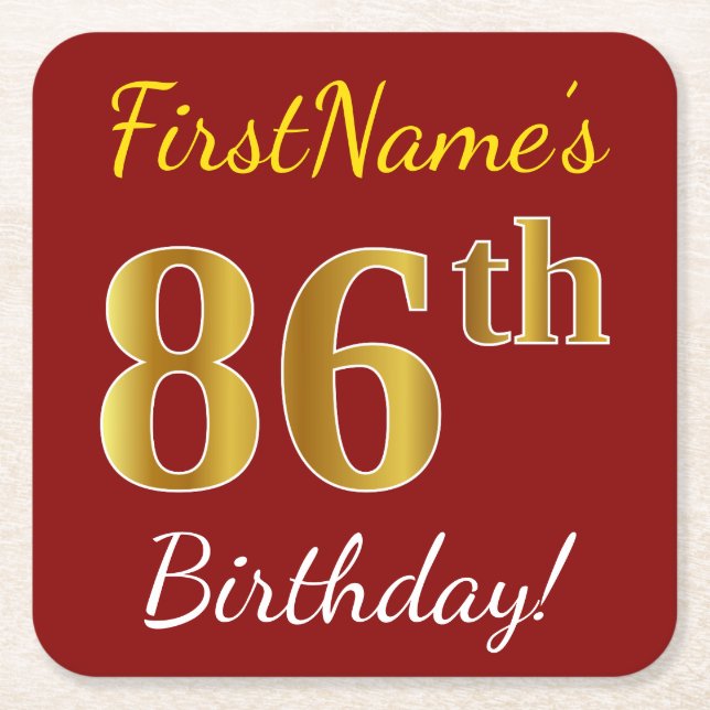 Red, Faux Gold 86th Birthday + Custom Name Square Paper Coaster (Front)