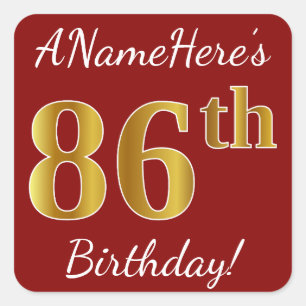 Red, Faux Gold 86th Birthday + Custom Name Sticker