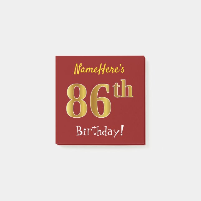 Red, Faux Gold 86th Birthday, With Custom Name Post-it Notes (Front)