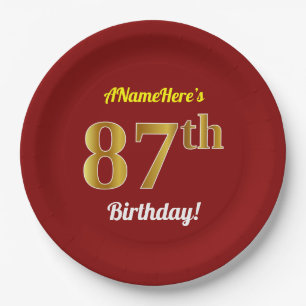 Red, Faux Gold 87th Birthday + Custom Name Paper Plate