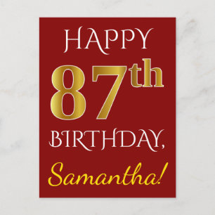 Red, Faux Gold 87th Birthday + Custom Name Postcard