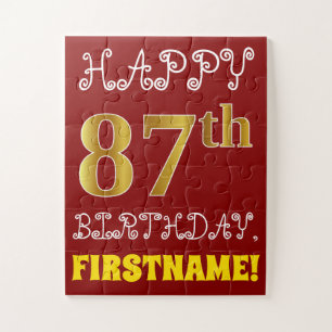 Red, Faux Gold 87th Birthday + Custom Name Puzzle