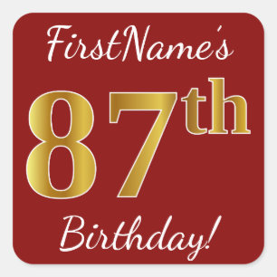 Red, Faux Gold 87th Birthday + Custom Name Sticker