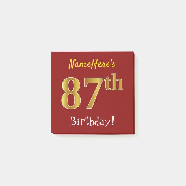Red, Faux Gold 87th Birthday, With Custom Name Post-it Notes (Front)