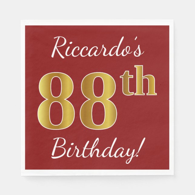 Red, Faux Gold 88th Birthday + Custom Name Napkin (Front)