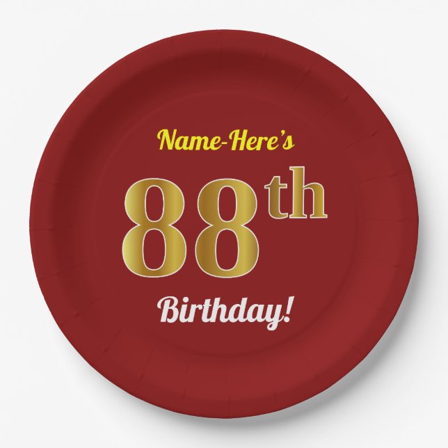 Red, Faux Gold 88th Birthday + Custom Name Paper Plate (Front)