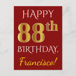 Red, Faux Gold 88th Birthday + Custom Name Postcard