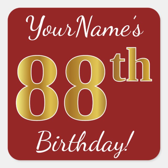 Red, Faux Gold 88th Birthday + Custom Name Sticker (Front)