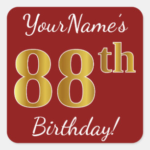 Red, Faux Gold 88th Birthday + Custom Name Sticker