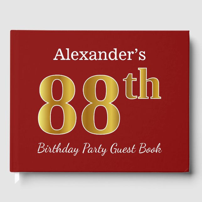 Red, Faux Gold 88th Birthday Party + Custom Name Guest Book (Front)