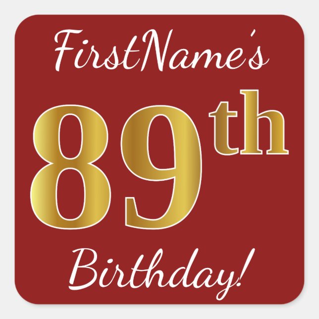 Red, Faux Gold 89th Birthday + Custom Name Sticker (Front)