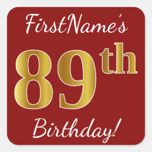 Red, Faux Gold 89th Birthday + Custom Name Sticker