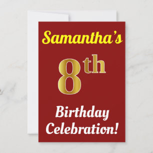 Red, Faux Gold 8th Birthday Celebration + Name Invitation