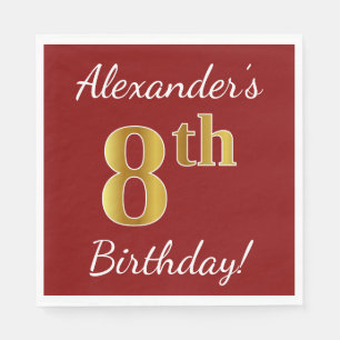 Red, Faux Gold 8th Birthday + Custom Name Napkin