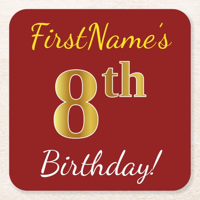 Red, Faux Gold 8th Birthday + Custom Name Square Paper Coaster (Front)