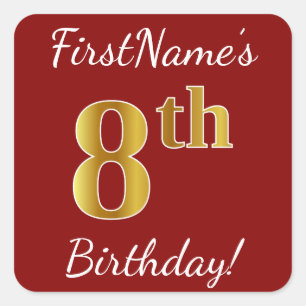 Red, Faux Gold 8th Birthday + Custom Name Sticker