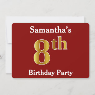 Red, Faux Gold 8th Birthday Party + Custom Name Invitation