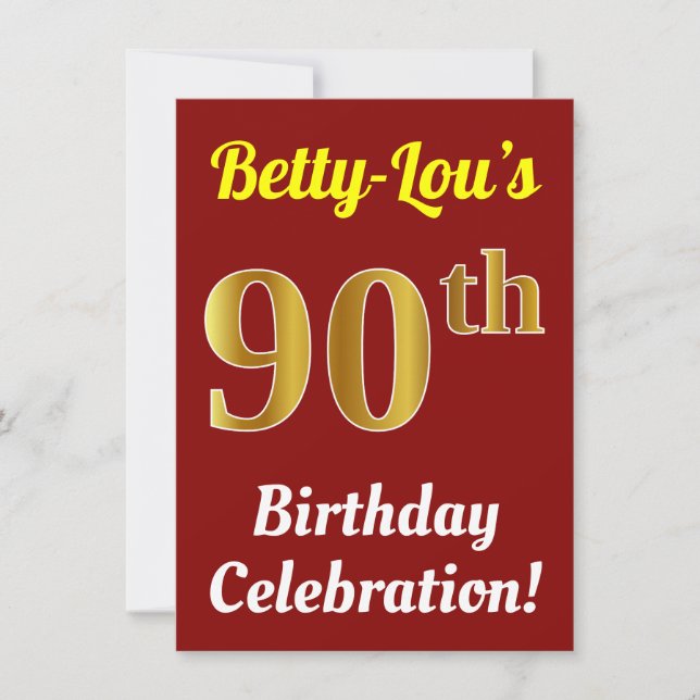 Red, Faux Gold 90th Birthday Celebration + Name Invitation (Front)
