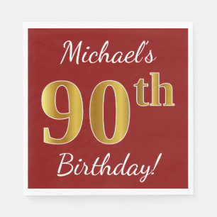 Red, Faux Gold 90th Birthday + Custom Name Napkin