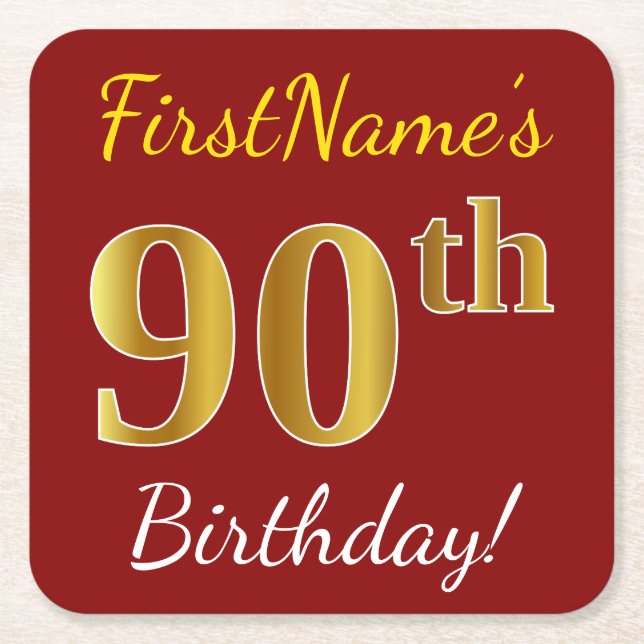Red, Faux Gold 90th Birthday + Custom Name Square Paper Coaster (Front)
