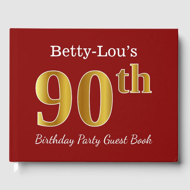 Red, Faux Gold 90th Birthday Party + Custom Name Guest Book (Front)
