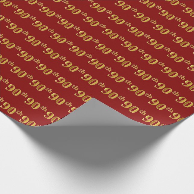 Red, Faux Gold 90th (Ninetieth) Event Wrapping Paper (Corner)
