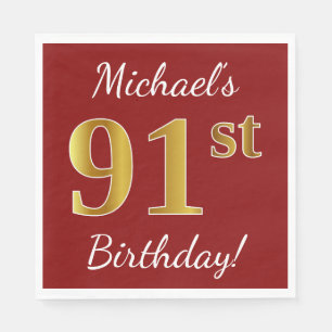 Red, Faux Gold 91st Birthday + Custom Name Napkin