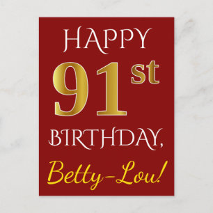 Red, Faux Gold 91st Birthday + Custom Name Postcard