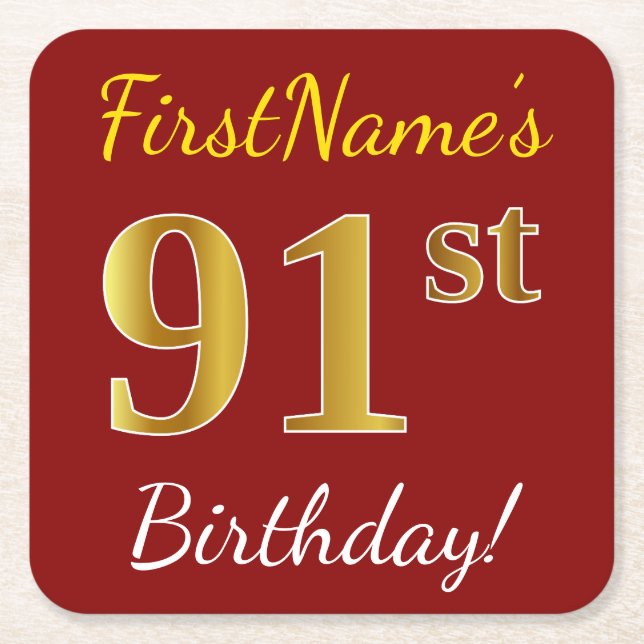 Red, Faux Gold 91st Birthday + Custom Name Square Paper Coaster (Front)