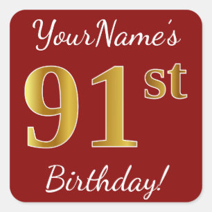 Red, Faux Gold 91st Birthday + Custom Name Sticker