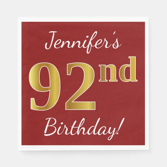 Red, Faux Gold 92nd Birthday + Custom Name Napkin (Front)
