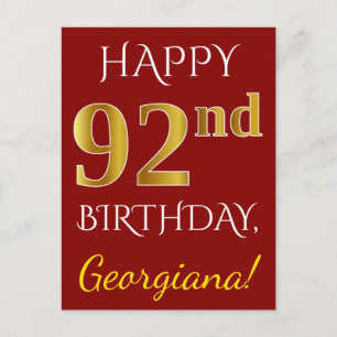 Red, Faux Gold 92nd Birthday + Custom Name Postcard