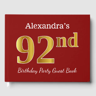 Red, Faux Gold 92nd Birthday Party + Custom Name Guest Book