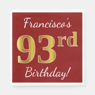 Red, Faux Gold 93rd Birthday + Custom Name Napkin