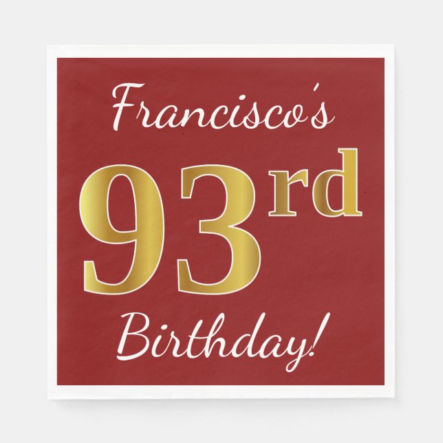 Red, Faux Gold 93rd Birthday + Custom Name Napkin (Front)