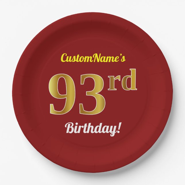 Red, Faux Gold 93rd Birthday + Custom Name Paper Plate (Front)