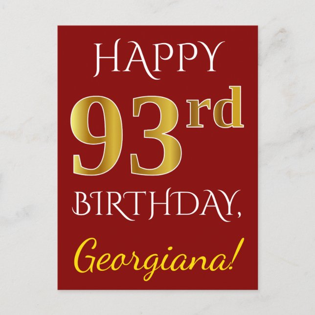 Red, Faux Gold 93rd Birthday + Custom Name Postcard (Front)