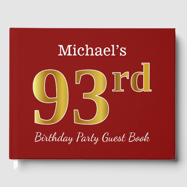 Red, Faux Gold 93rd Birthday Party + Custom Name Guest Book (Front)