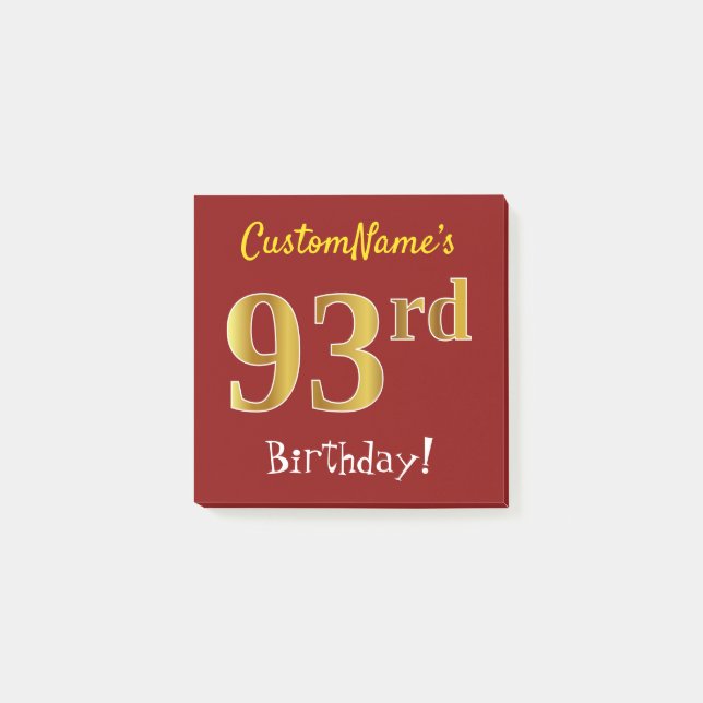 Red, Faux Gold 93rd Birthday, With Custom Name Post-it Notes (Front)