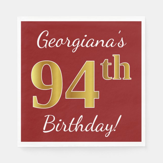 Red, Faux Gold 94th Birthday + Custom Name Napkin (Front)