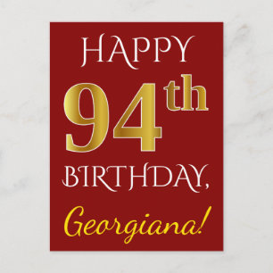 Red, Faux Gold 94th Birthday + Custom Name Postcard