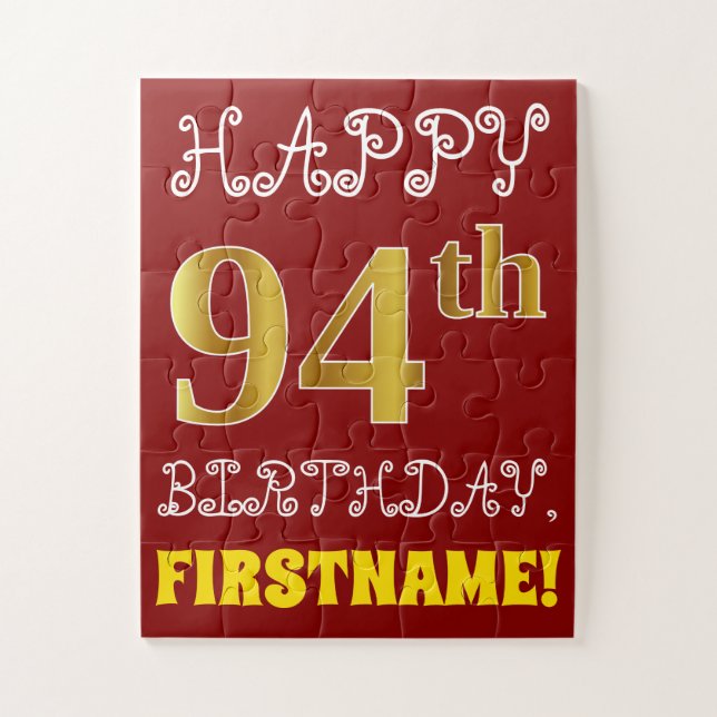 Red, Faux Gold 94th Birthday + Custom Name Puzzle (Vertical)