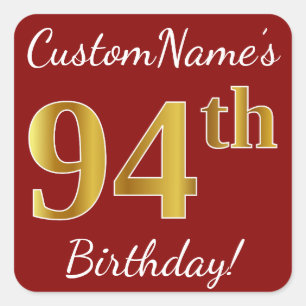 Red, Faux Gold 94th Birthday + Custom Name Sticker