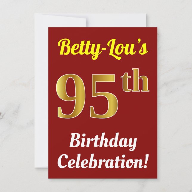 Red, Faux Gold 95th Birthday Celebration + Name Invitation (Front)