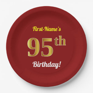 Red, Faux Gold 95th Birthday + Custom Name Paper Plate